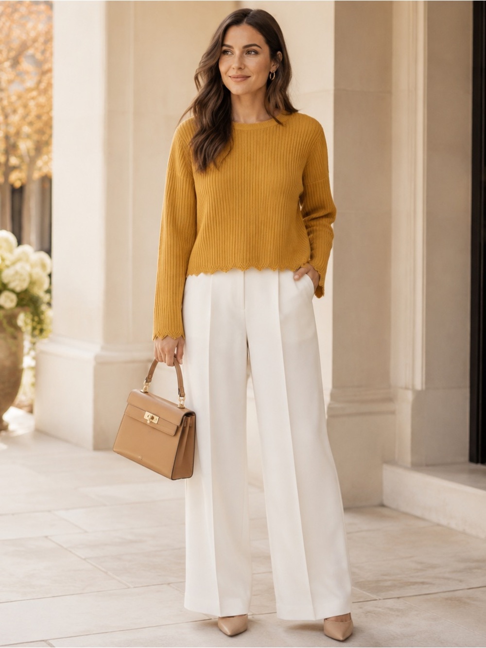 RACHEL PARCELL MUSTARD YELLOW AUTUMN LINEN SCALLOPED SWEATER SZ L